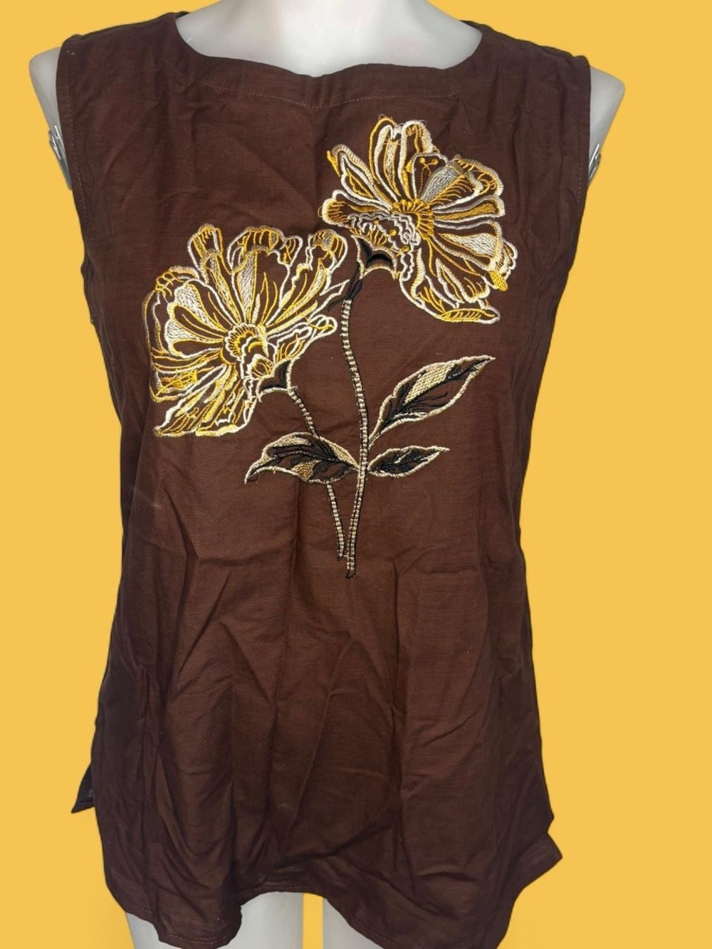 Ego brown and yellow flower embroidered tank top
